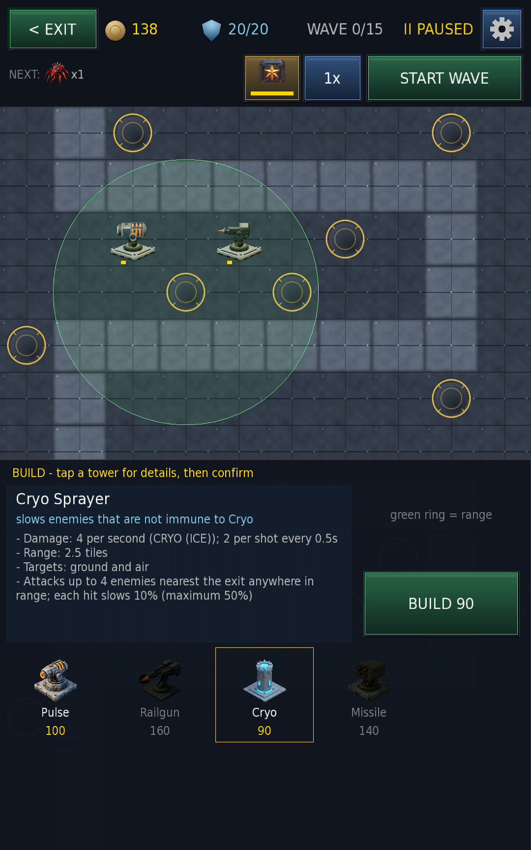 Tower build menu with details